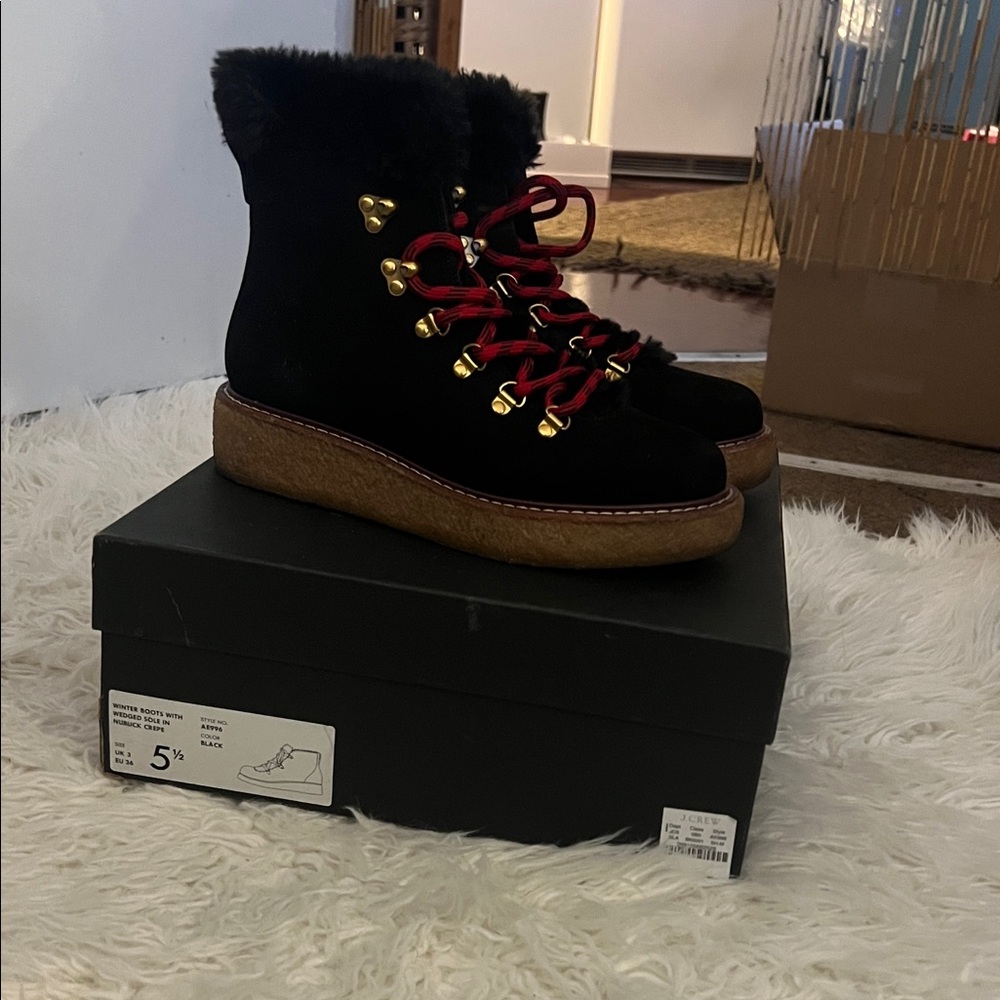 J. Crew Black Winter Boots with Red Laces